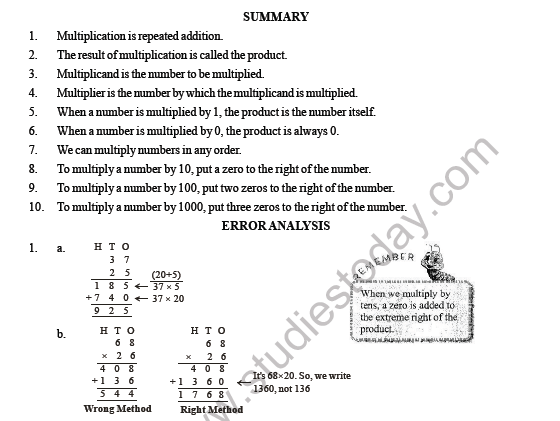 Cbse Class 3 Maths Multiplication Summary And Worksheet